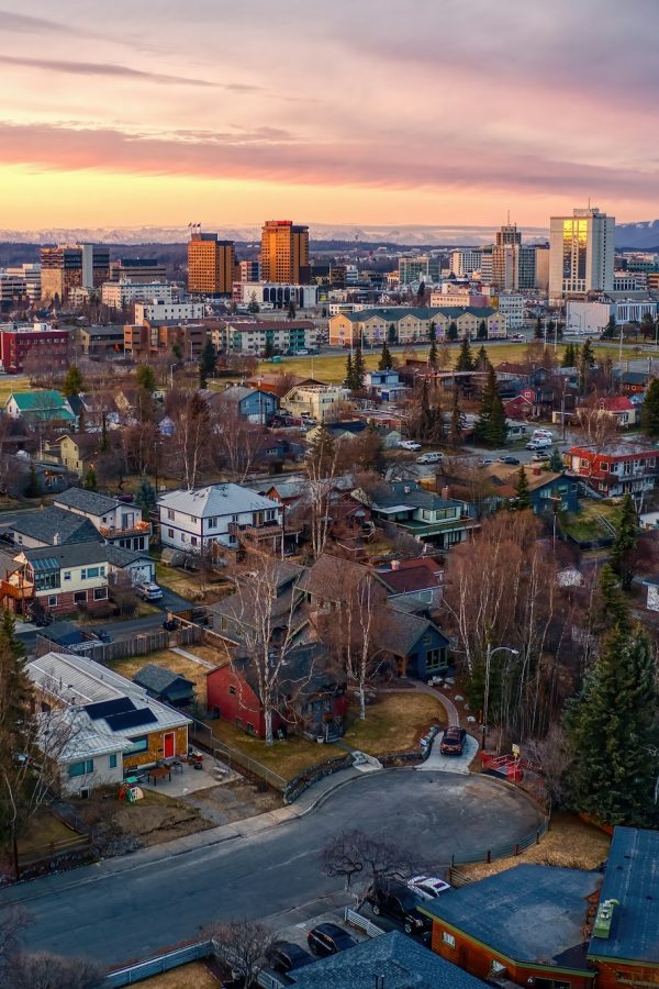 Aerial View of a Sunset over Downtown Anchorage, Alaska in Spring