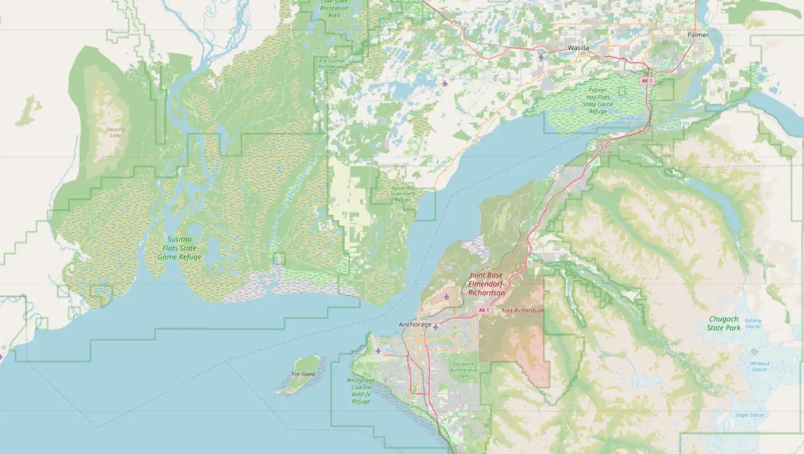 Map of the TCM Restoration service area from Anchorage to Wasilla and Palmer in the Mat-Su Valley, Alaska