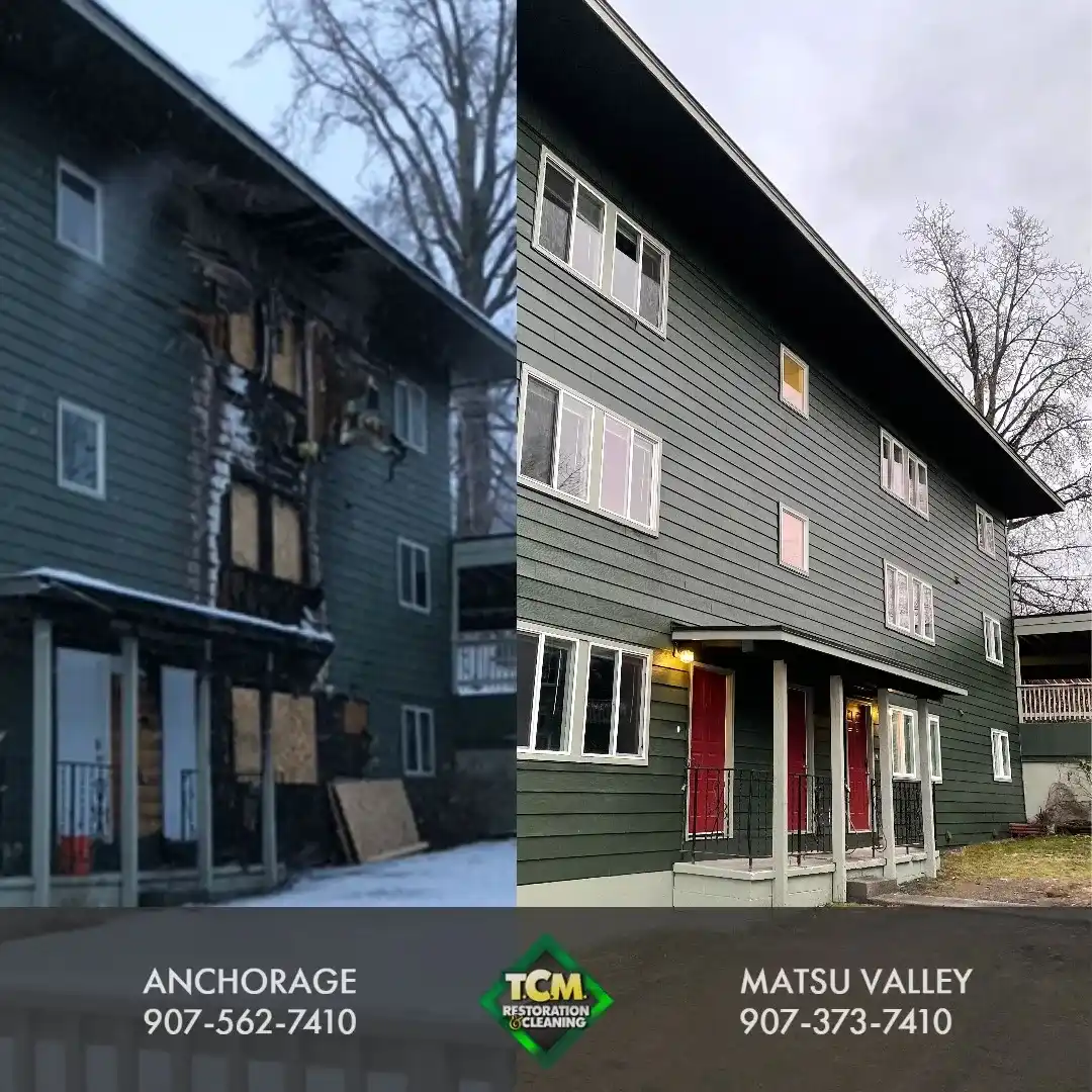 Before and after: a three-story Anchorage apartment building with severe fire damage, then fully restored with new siding, windows and doors
